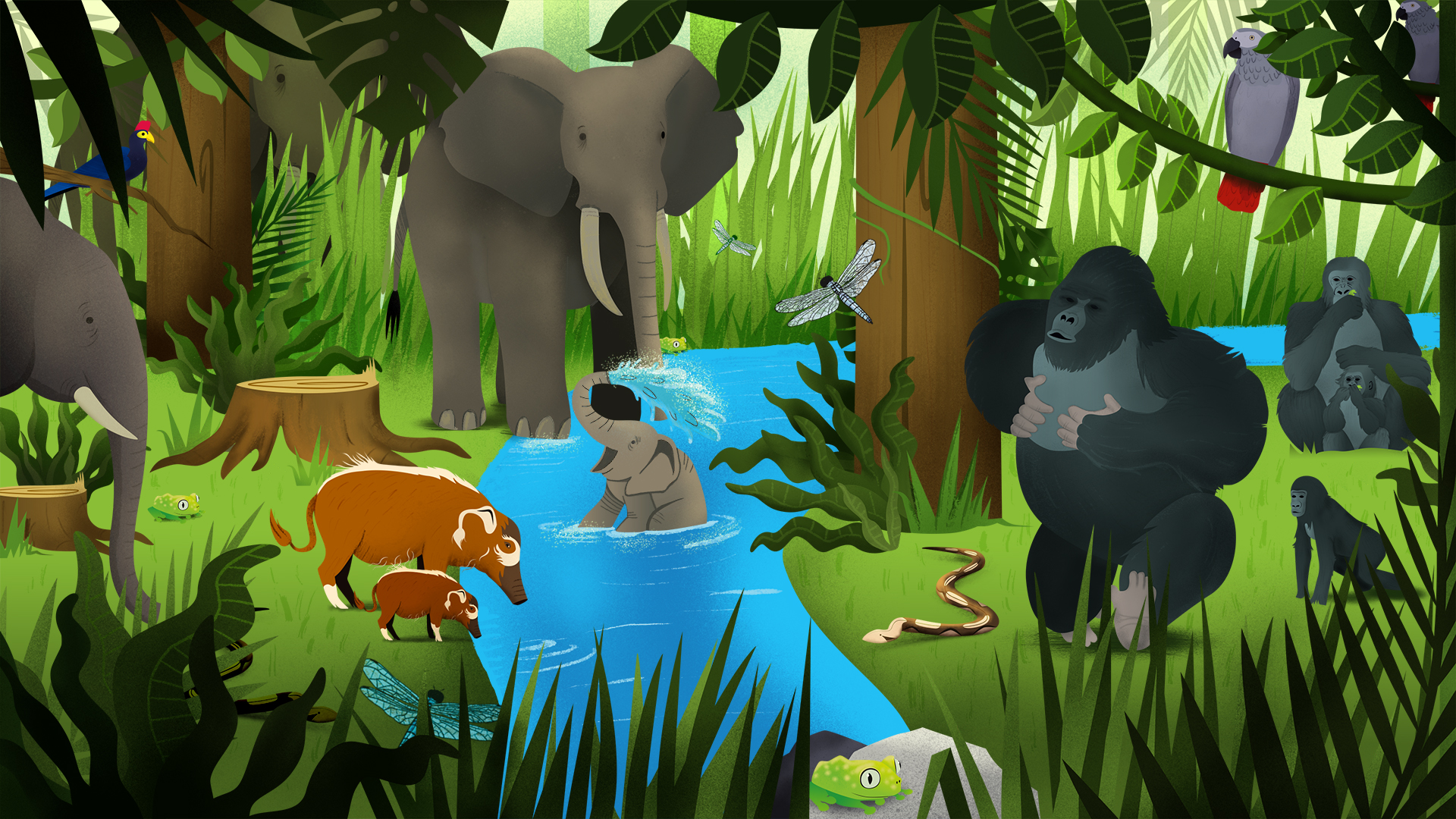 Praatplaat regenwoud met wilde dieren.