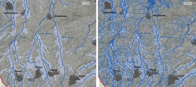 De ontwatering van het Noord Brabantse landschap bij Hilvarenbeek is vanaf 1850 enorm toegenomen (analyse door Bureau Stroming)..png